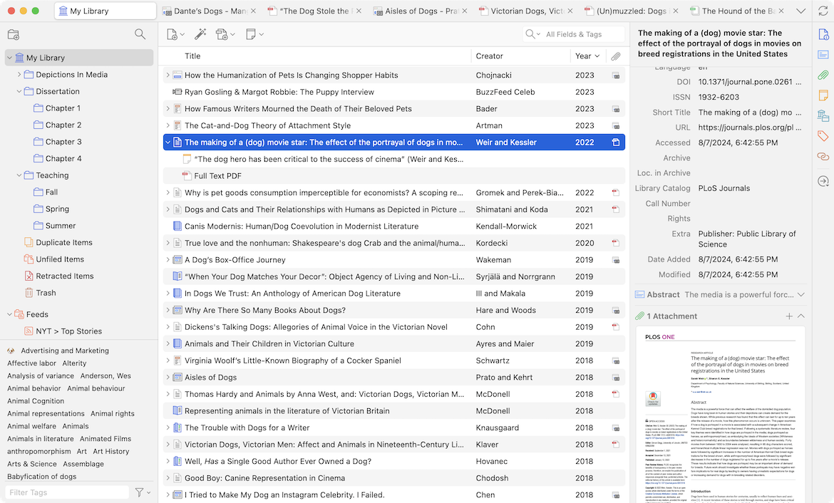 Zotero desktop application showing a research library of references, collections, metadata, and a PDF attachment preview.